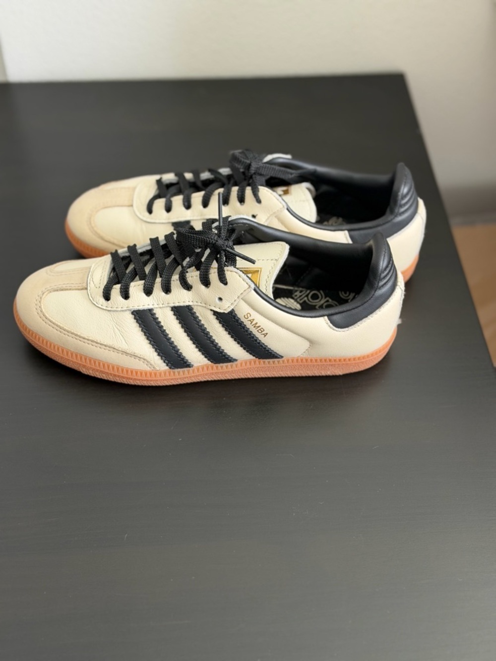 adidas Samba OG Leather Sneaker in Cream with Black Stripes and Gum Sole - Picture 5 of 8